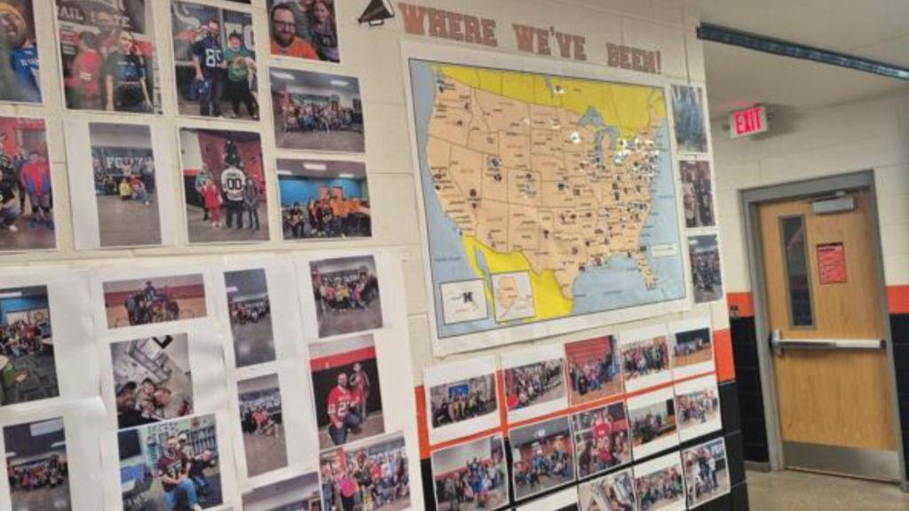 Photo by Shawn Ross | Pins on the map denote colleges and organizations that sent items to Fort Gay PK-8 in Fort Gay, Wayne County, as part of Assistant Principal Shaw Ross’s Jersey Journey.
