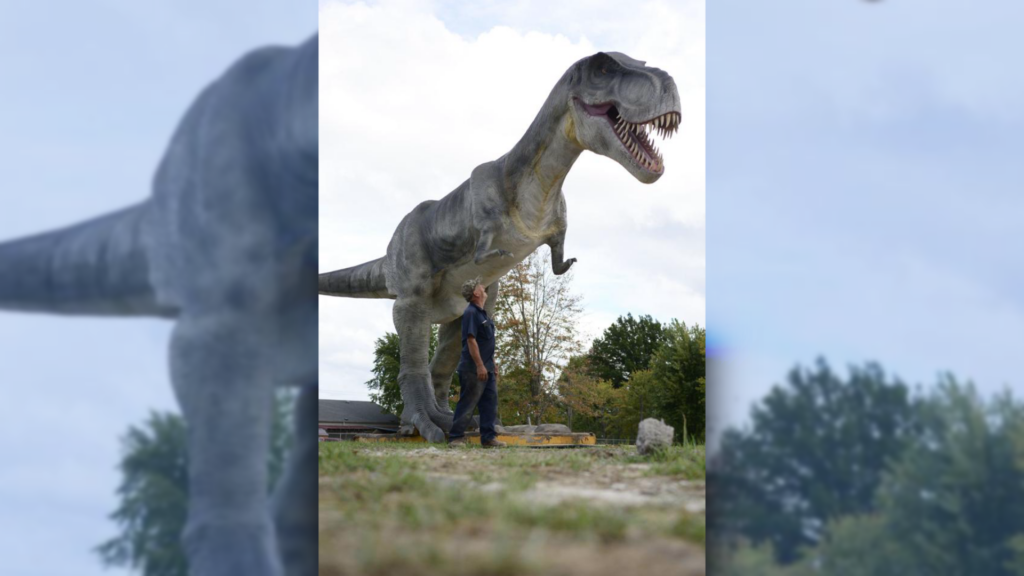 File Photo from BDT | A 20-foot-tall animatronic T-Rex that sits on the backside of the former Reel Catch property in Princeton. Efforts to reopen the former Reel Catch site in Princeton are ongoing. City crews have been busy in recent weeks making upgrades to the recreational site, including painting the dinosaurs that will once again be on display.
