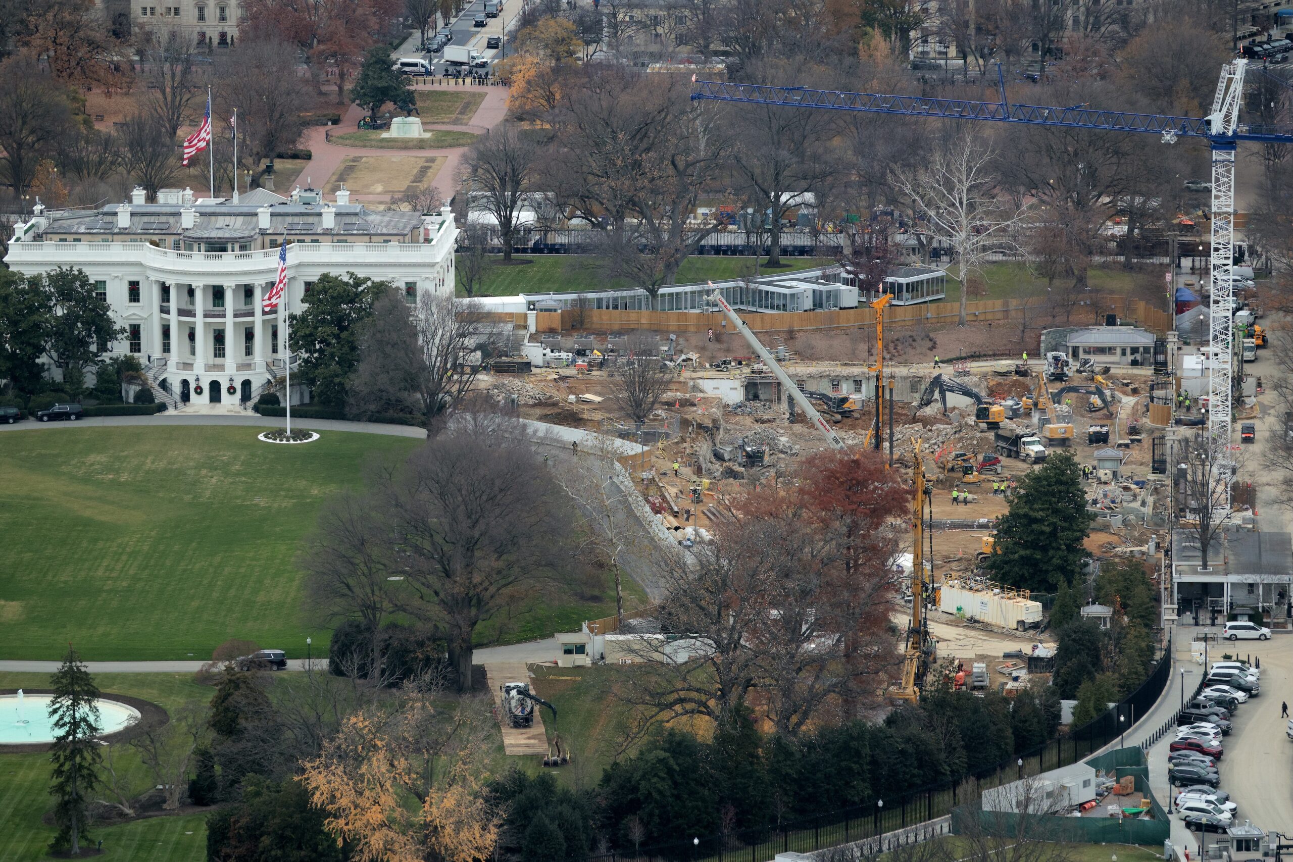 Demolition work continued where the East Wing once stood at the White House on Dec. 8, 2025 in Washington, DC. President Donald Trump ordered the 123-year-old East Wing and Jacqueline Kennedy Garden leveled to make way for a new 90,000-square-foot ballroom. (Photo by Chip Somodevilla/Getty Images)