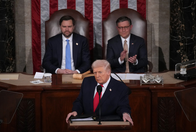 President Donald Trump delivers his State of the Union address on Feb. 24, 2026, in Washington, DC. Trump delivered his address days after the Supreme Court struck down the administration's tariff strategy and amid a U.S. military buildup in the Persian Gulf threatening Iran. (Photo by Andrew Harnik/Getty Images)