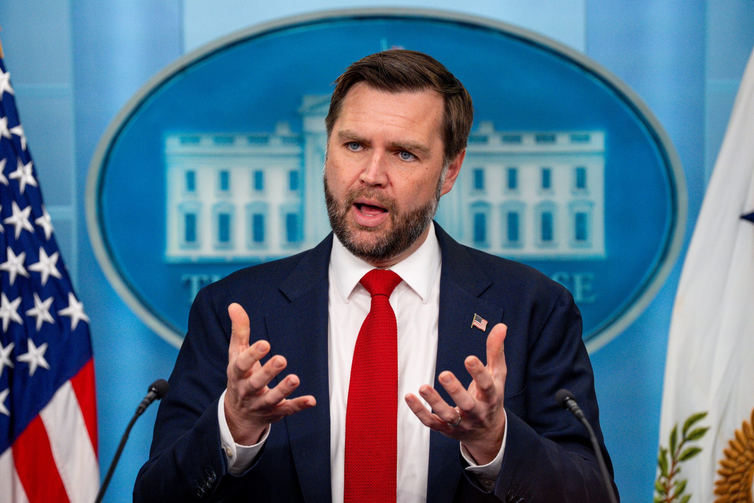 WASHINGTON, DC - JUNE 18: Vice President J.D. Vance speaks during a news conference in the Brady Press Briefing Room at the White House on June 18, 2026 in Washington, DC. Vance is expected to travel to Lucerne, Switzerland tomorrow for follow up talks after a memorandum of understanding (MOU) to end the conflict between the United States and Iran was signed between U.S. President Donald Trump and Iranian President Masoud Pezeshkian. (Photo by Andrew Harnik/Getty Images)