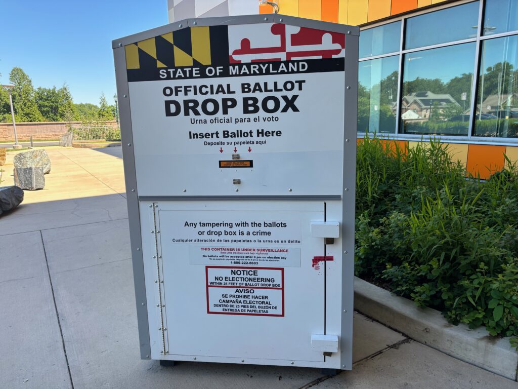 An official ballot drop box for Maryland voters, in Wheaton, Maryland, on June 7, 2026. (Photo by Jane Norman/States Newsroom)