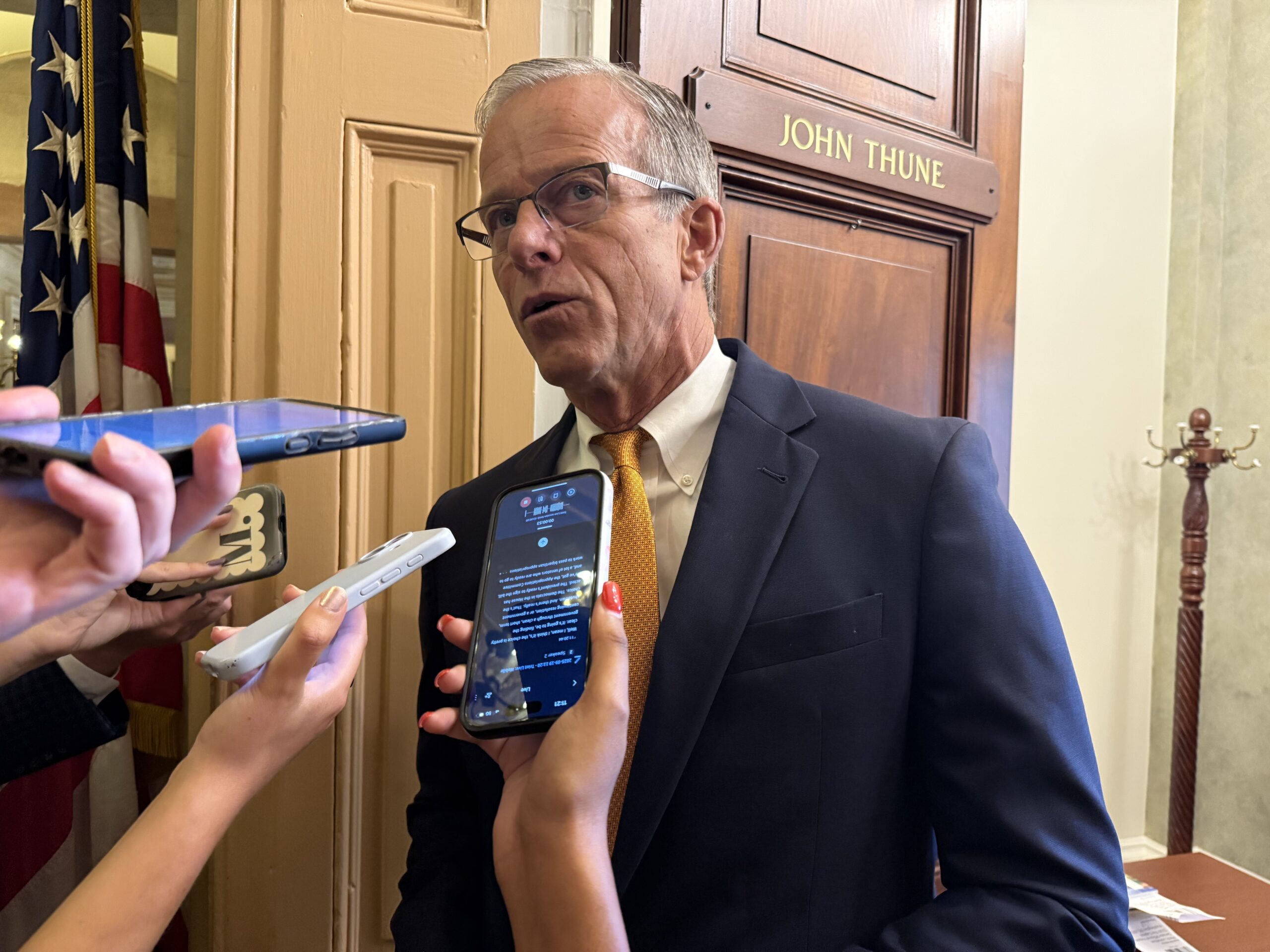 U.S. Senate Majority Leader John Thune, R-S.D., said on Tuesday, June 16, 2026, he’s heard the president's deal with Iran sets up a 60-day framework for negotiators to reach agreement on more specifics. In this photo, Thune speaks with reporters on Capitol Hill on Sept. 19, 2025. (Photo by Jennifer Shutt/States Newsroom)