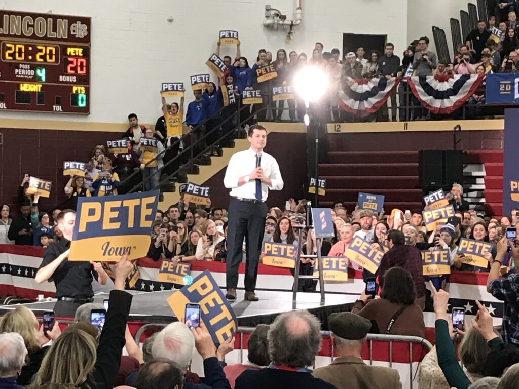 Pete Buttigieg speaks at a rally the day before the Iowa Caucuses at Lincoln High School in Des Moines, on Feb. 2, 2020. (Photo by Kathie Obradovich/Iowa Capital Dispatch)