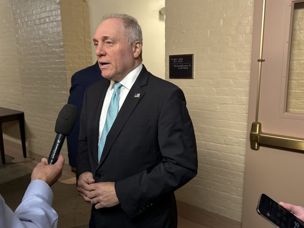 U.S. House Majority Leader Steve Scalise, R-La., speaks to reporters in the basement of the Capitol building in Washington, D.C., on Tuesday, June 9, 2026. (Photo by Jennifer Shutt/States Newsroom)