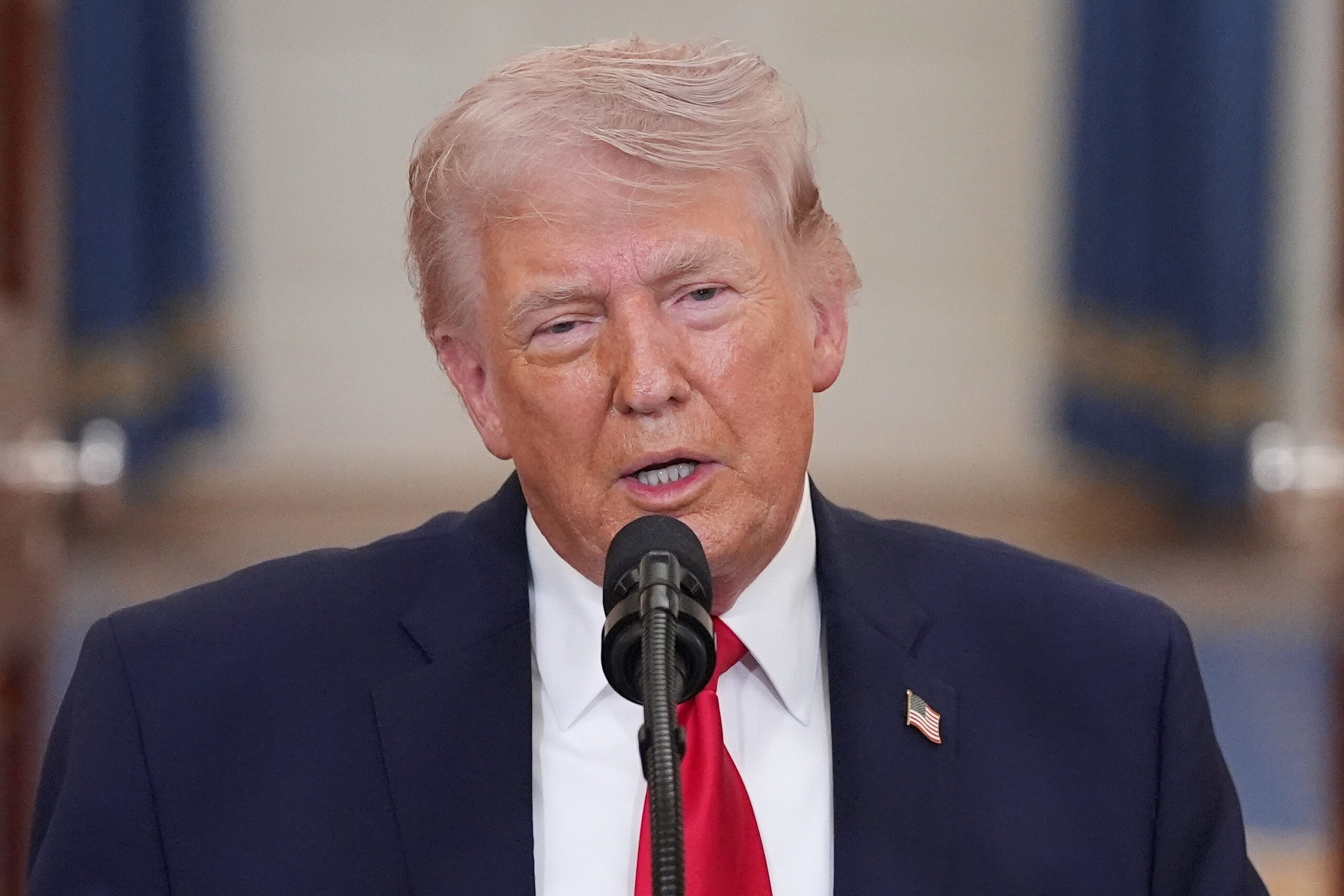 U.S. President Donald Trump speaks from the Cross Hall of the White House on April 1, 2026 in Washington, D.C. (Photo by Alex Brandon-Pool/Getty Images)