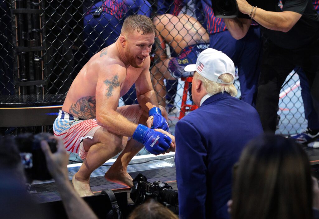 Justin Gaethje talks to President Donald Trump after defeating Ilia Topuria in a lightweight title bout during UFC Freedom 250 on the South Lawn of the White House on June 15, 2026 in Washington, D.C. (Photo by Chip Somodevilla/Getty Images)