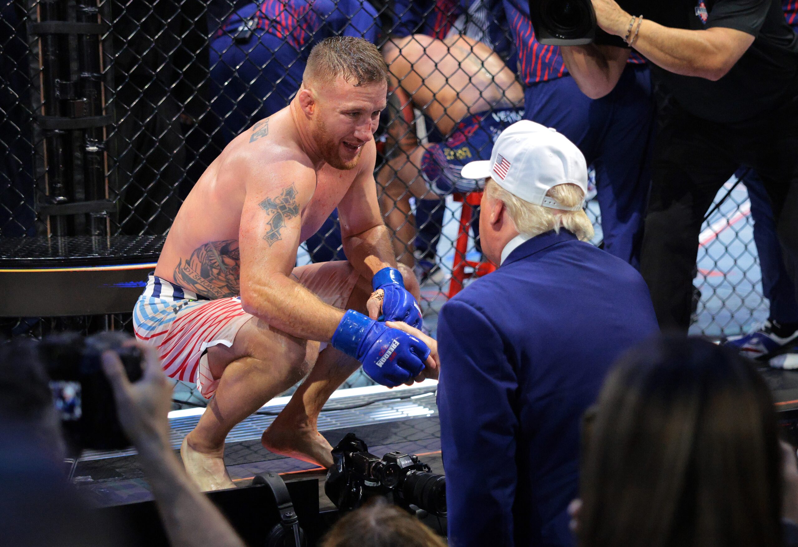 Justin Gaethje talks to President Donald Trump after defeating Ilia Topuria in a lightweight title bout during UFC Freedom 250 on the South Lawn of the White House on June 15, 2026 in Washington, D.C. (Photo by Chip Somodevilla/Getty Images)