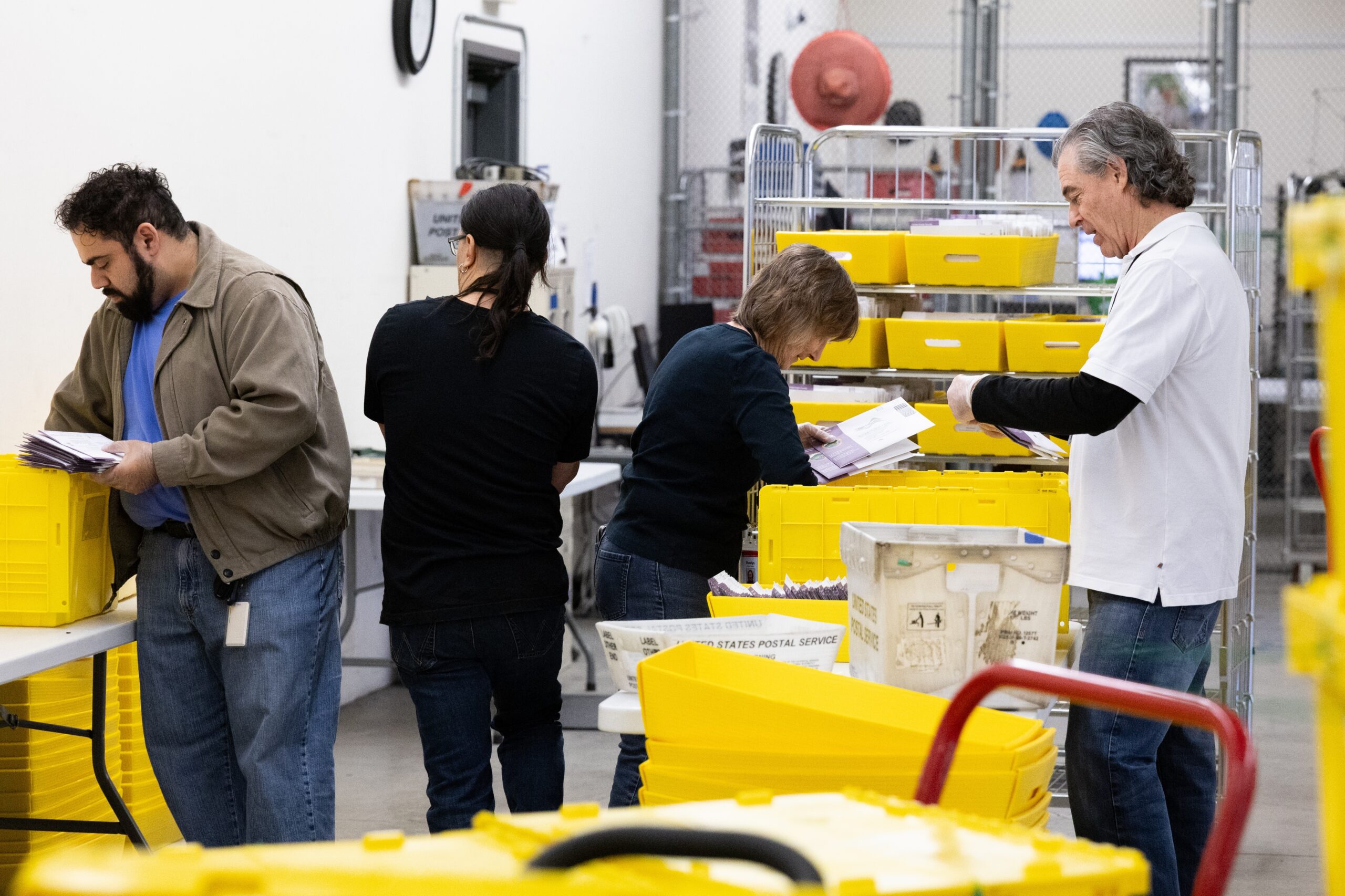 Election workers sort ballots at Contra Costa County's election operations facility on May 27, 2026 in Martinez, California. (Photo by Benjamin Fanjoy/Getty Images)