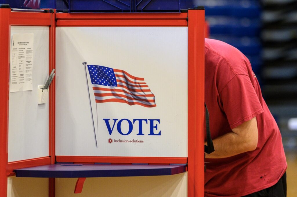 Voting at the Portland Expo in Maine’s June 9, 2026 primary election. (Photo by Jim Neuger/Maine Morning Star)