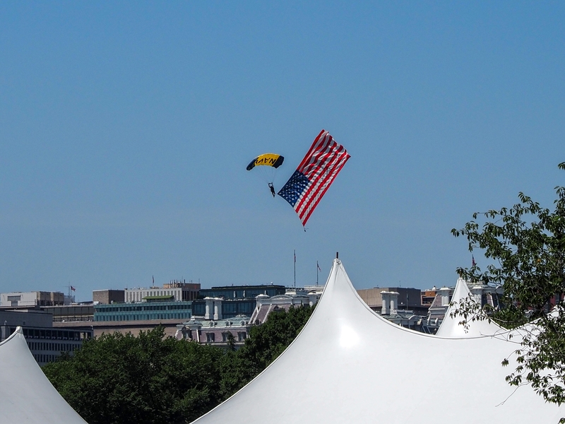 A U.S. Navy Leap Frog paratrooper lands on the Ellipse in Washington, D.C., on Saturday, July 4, 2026, as part of the Freedom 250 programming. (Photo by Ashley Murray/States Newsroom)